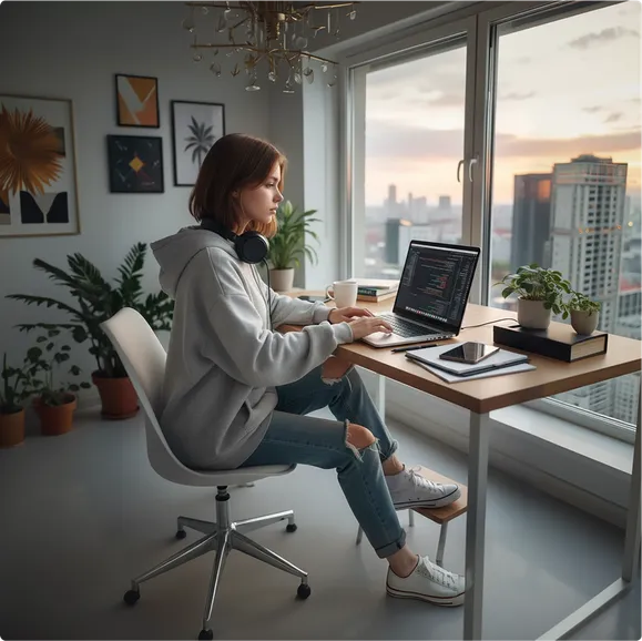 Девушка сидит за столом и печатает на ноутбуке