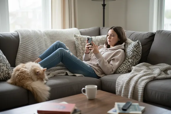 Девушка лежит на дивана и смотрит в телефон